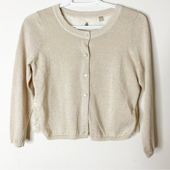 Anthropologie Knitted & Knotted Afterword Cardigan Sweater Beige Metallic Lace - Picture 2 of 16